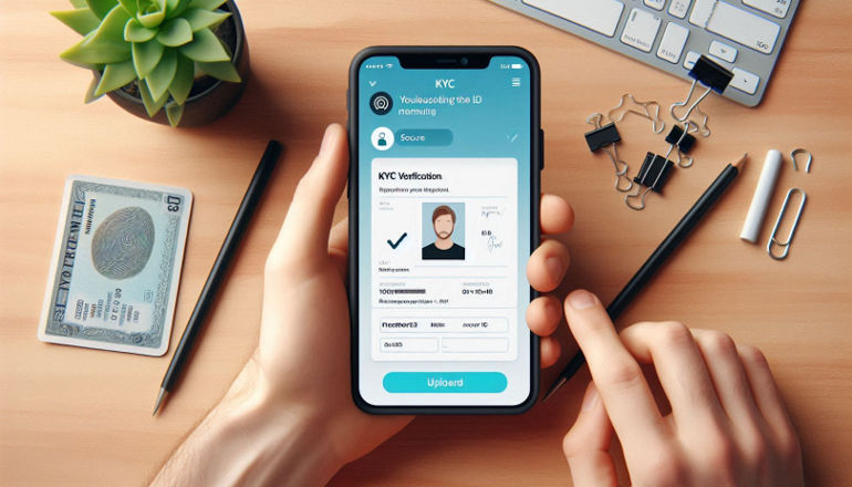 A mobile app screen showing a user uploading an ID for KYC verification, featuring a secure and streamlined interface.
