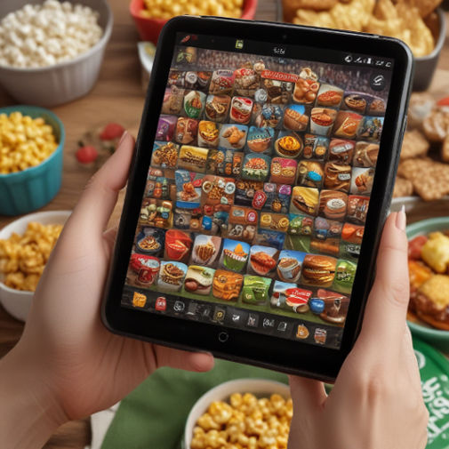 A soccer fan watching a live match on a mobile app, surrounded by snacks and cheering friends.