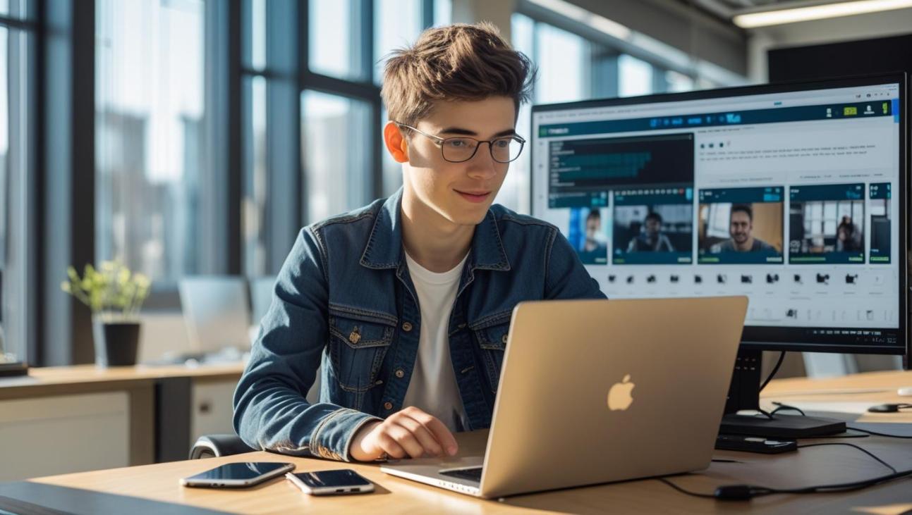 Young developer working with streaming dashboard on laptop in modern sunlit workspace.