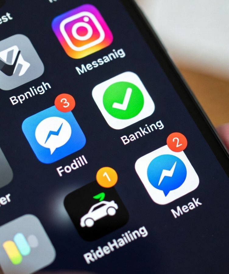 smartphone screen showing social media, banking, and ride-hailing apps